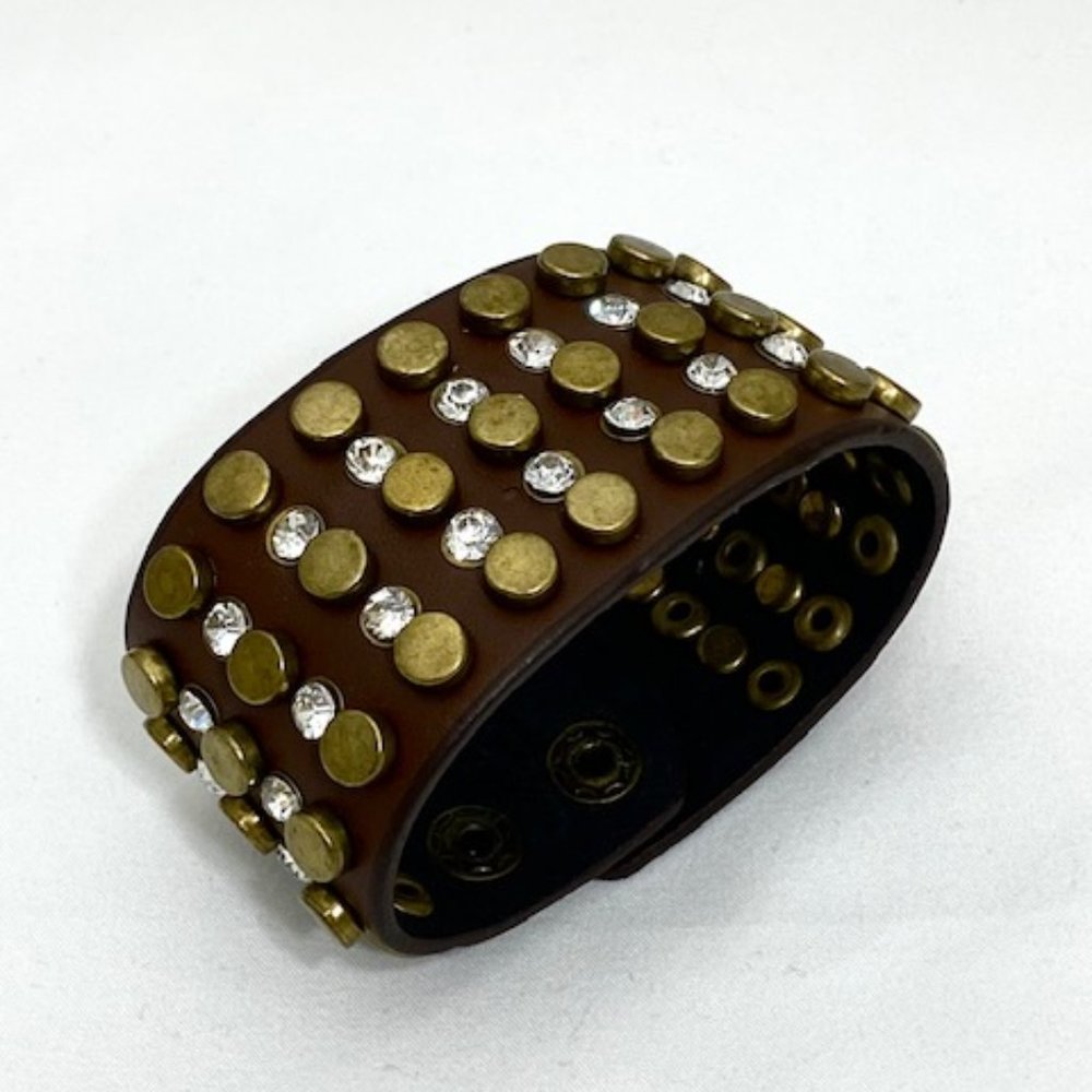 Guang Tong Faux Leather Crystal & Brass Stud Wrap Bracelet